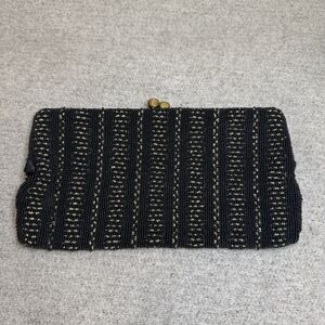 Saks Fifth Ave Clutch Black Beaded Gold 9x4 Kiss Lock Evening Bag Retro VTG